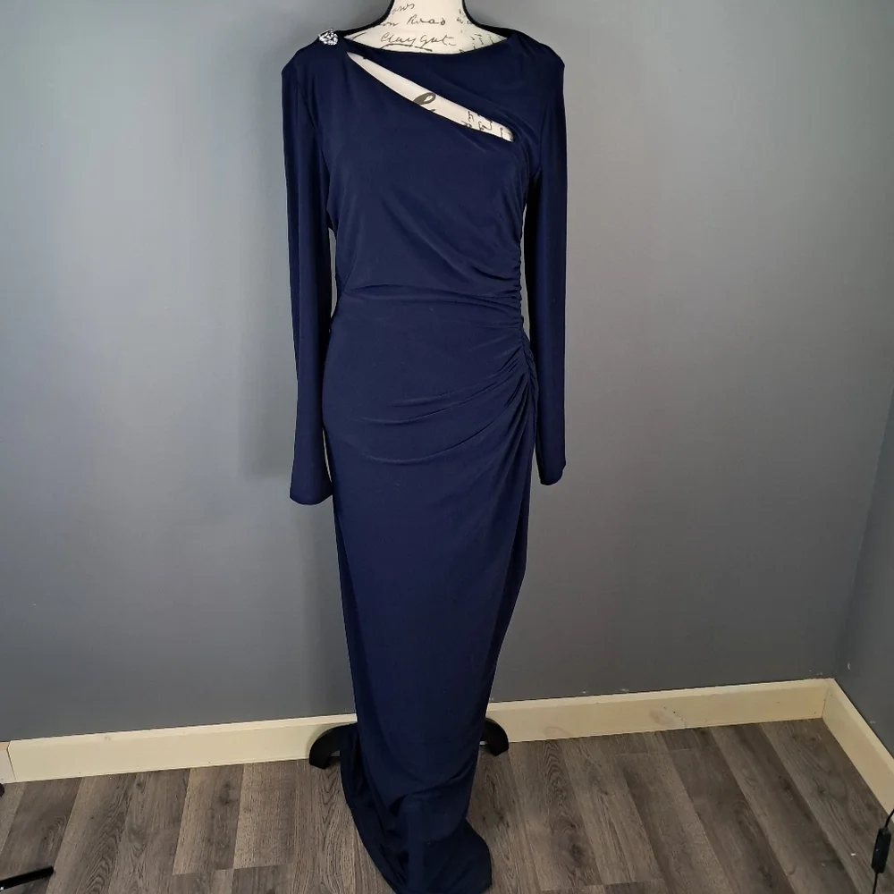 Lauren Ralph Lauren Evening Size 8 Navy Blue Floor Length Dress Embellished - Picture 1 of 9